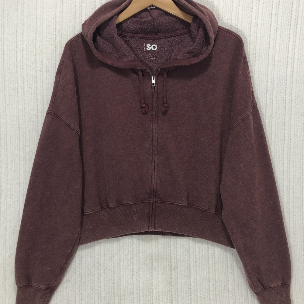 SO Women Burgundy Faded Cropped Zip Up Hoodie Sweatshirt Large